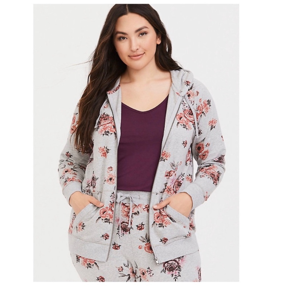 Light Grey Floral Zip Up Hoodie